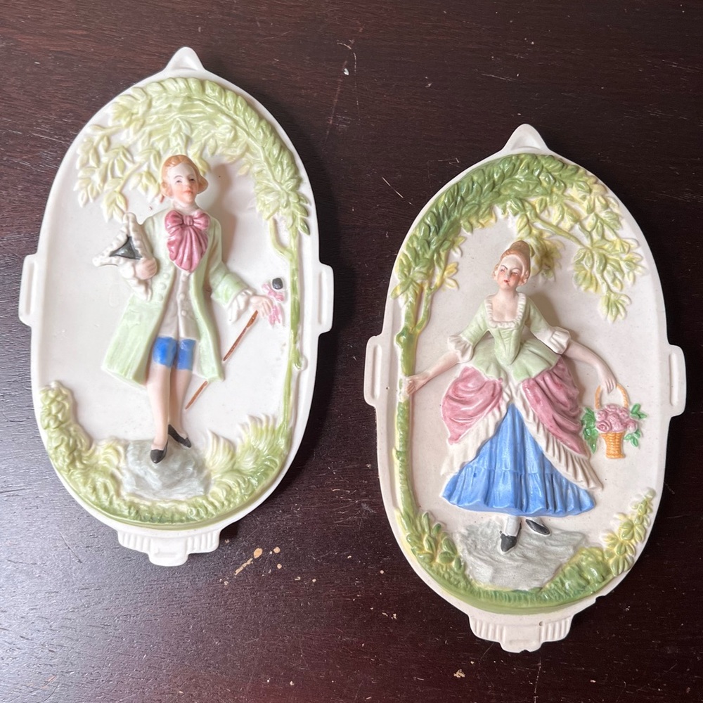 Vintage 1940's Made in Occupied Japan Victorian Couple Bisque Wall Plaques, Roma